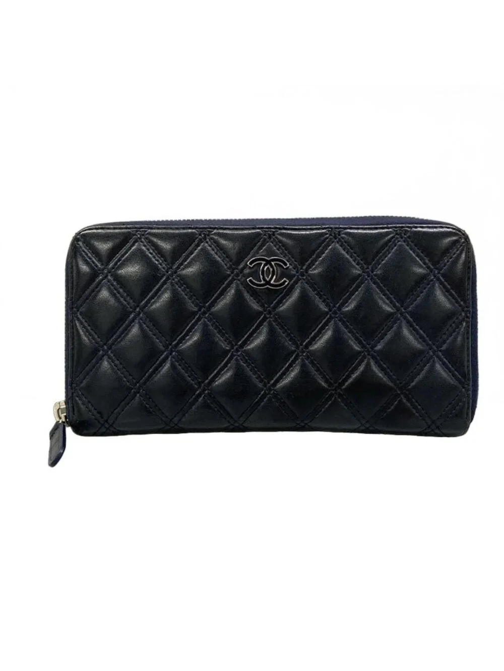 Chanel Wallet Bicolor Black Navy Silver CC Logo Zip Around Lambskin